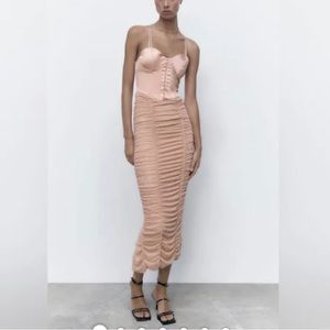 Zara Dresses | Zara Ruched Tulle Corset Dress Beige Pink